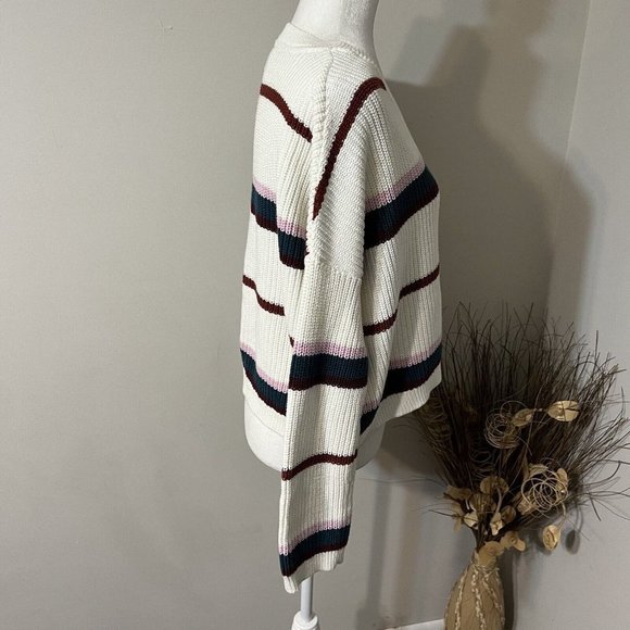 L A HEARTS V Neck Striped Sweater White Burgundy Cropped Oversized Size S - Picture 2 of 12